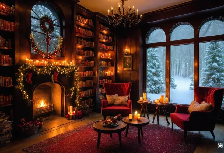 A cozy mansion library. The room is adorned with christmas decorations. An ambient glow is created by a fireplace. There is a tall backed armchair and next to it is a side table. Steaming cups of coffee and candles are sitting on top of the side table. The...