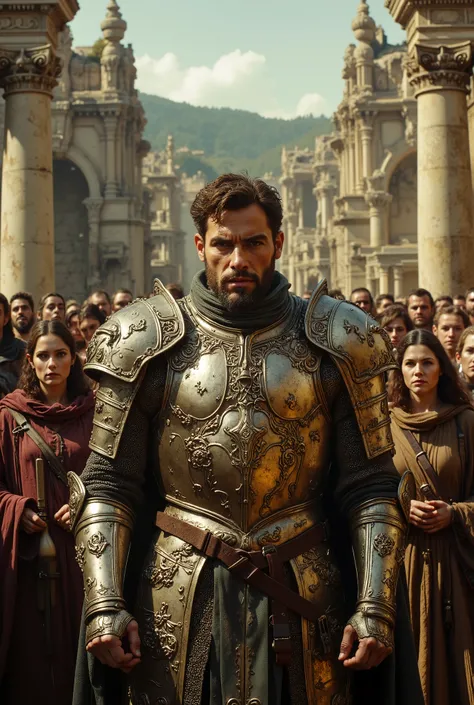 arafed man in armor standing in front of a group of people, a detailed matte painting inspired by Roman Bezpalkiv, shutterstock, renaissance, still from a fantasy movie, richard iv the roman king photo, frank dillane as puck, as a medieval fantasy characte...