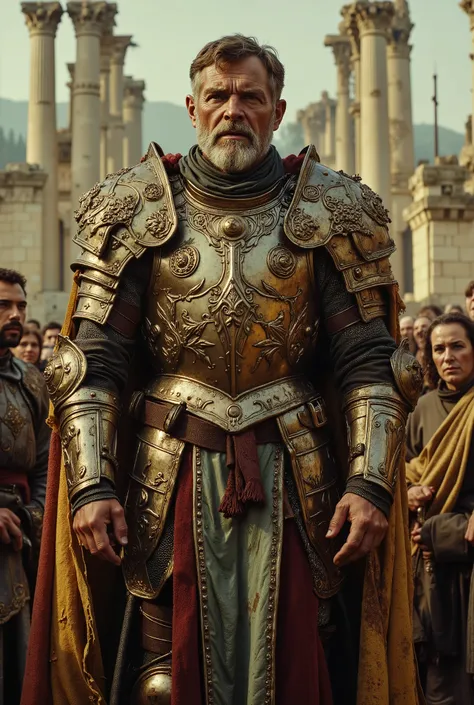 arafed man in armor standing in front of a group of people, a detailed matte painting inspired by Roman Bezpalkiv, shutterstock, renaissance, still from a fantasy movie, richard iv the roman king photo, frank dillane as puck, as a medieval fantasy characte...