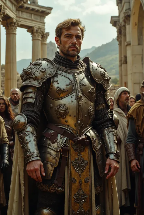 arafed man in armor standing in front of a group of people, a detailed matte painting inspired by Roman Bezpalkiv, shutterstock, renaissance, still from a fantasy movie, richard iv the roman king photo, frank dillane as puck, as a medieval fantasy characte...