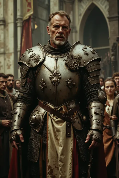 arafed man in armor standing in front of a group of people, still from a fantasy movie, richard iv the roman king photo, frank dillane as puck, as a medieval fantasy character, fantasy movie still, film still dnd, still image from tv series, film still dnd...