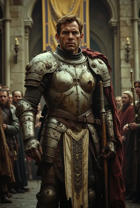 arafed man in armor standing in front of a group of people, still from a fantasy movie, richard iv the roman king photo, frank dillane as puck, as a medieval fantasy character, fantasy movie still, film still dnd, still image from tv series, film still dnd...