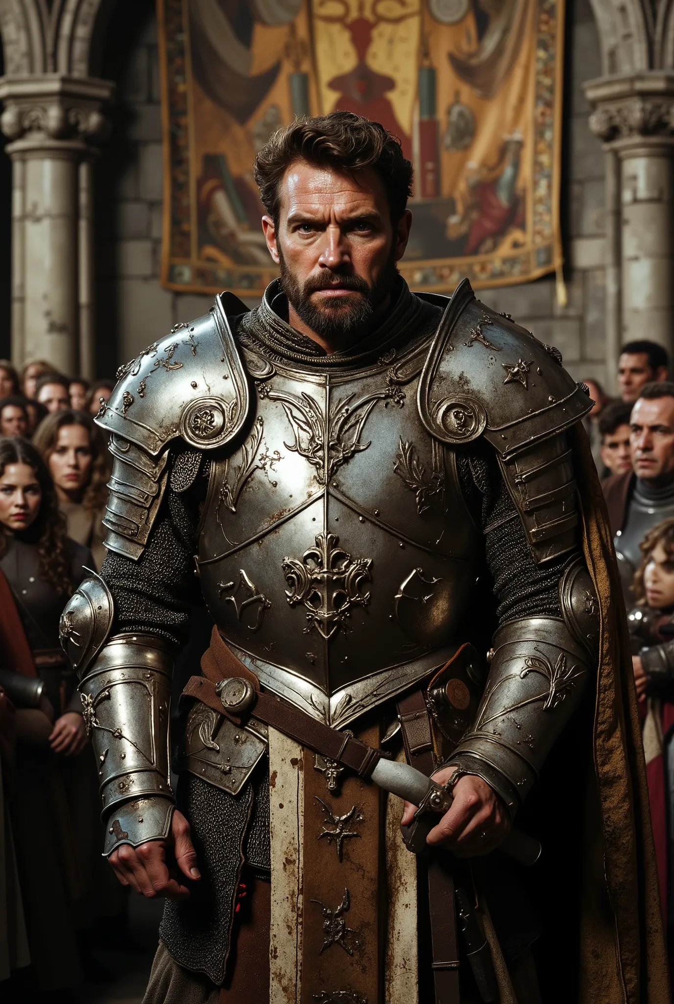 arafed man in armor standing in front of a group of people, still from a fantasy movie, richard iv the roman king photo, frank dillane as puck, as a medieval fantasy character, fantasy movie still, film still dnd, still image from tv series, film still dnd...