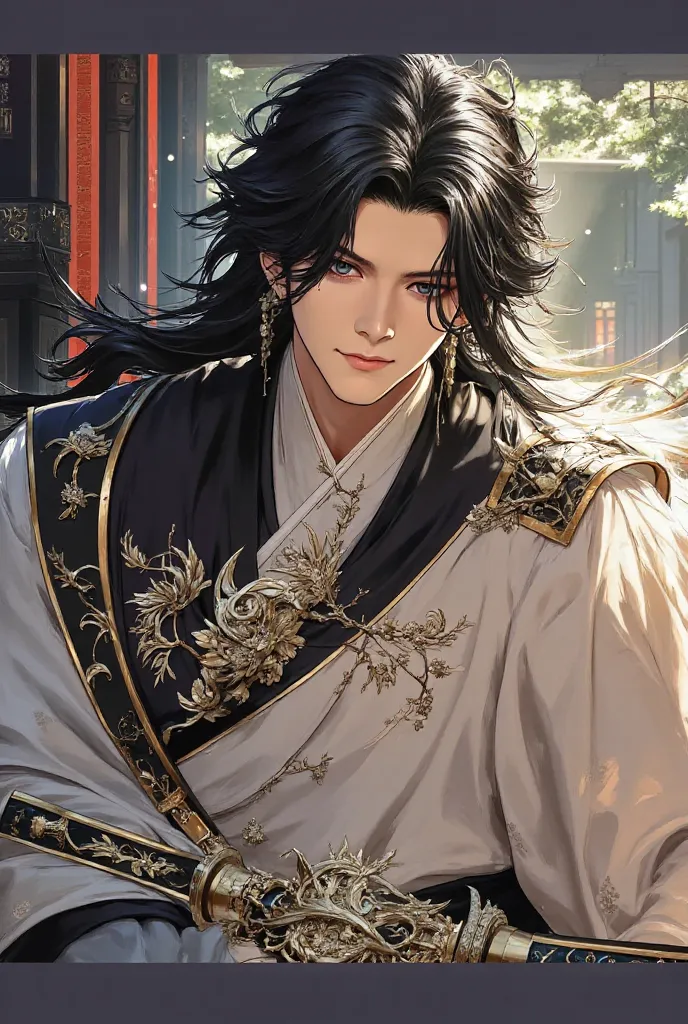 (masterpiece), (best quality), 1man, male, manhua, donghua, Hanfu, Chinese fantasy, long hair, dreamy eyes, (strong, well-defined, chiseled jawline), (prominent, slightly pointed chin), muscular, forehead, majestic, aesthetic, ethereal, handsome, stunning,...