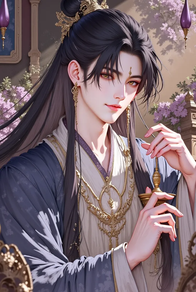 (masterpiece), (best quality), 1man, male, manhua, donghua, Hanfu, Chinese fantasy, long hair, dreamy eyes, (strong, well-defined, chiseled jawline), (prominent, slightly pointed chin), muscular, forehead, majestic, aesthetic, ethereal, handsome, stunning,...