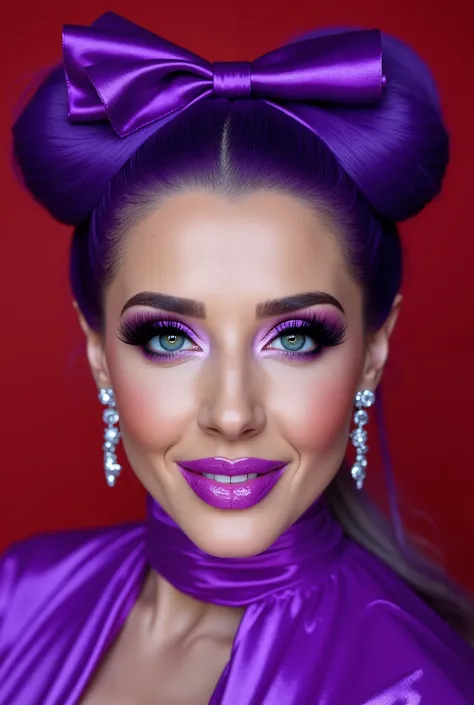 incredibly long and voluminous false eyelashes, bright purple makeup, bright purple hair , diamond earrings , collar, purple lips, her lips are pursed., bow shaped hair , high face, She laughs