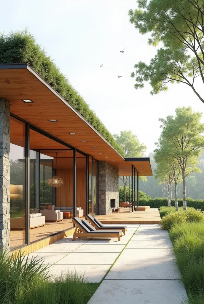 "please, create a perspective sketch of two or more vanishing points of a modern architectural terrace. The terrace should include:

A main structure with a sloping roof, emphasizing the details of the wood exposed inside.
Glass walls that allow a view of ...