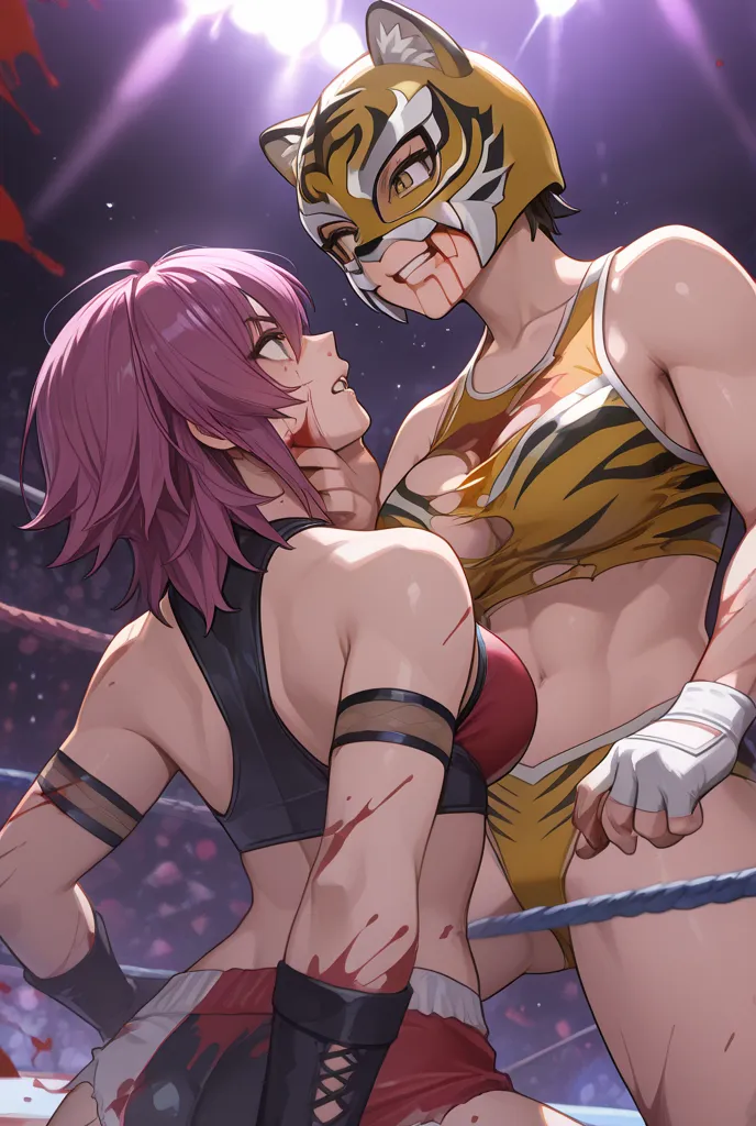 female wrestlers, lesbian battle, wrestling battle, tiger mask and scary villain wrestler, tiger mask is defeated, scary villain wrestler takes off tiger mask's mask, tiger mask is torn apart by hand, domination,It bites into Tiger Mask's face, Tiger Mask'...