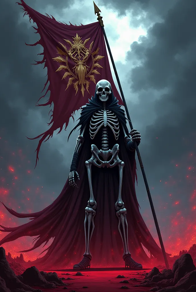 anime guerrero_ of foot_en_a_bloody_field,  s, Detailed, Ainz, dark_suspended, to use__flag_and design form anime Overlord, skeleten ,  Skeleten hands, Detailed, skull_rostro, _ Body,