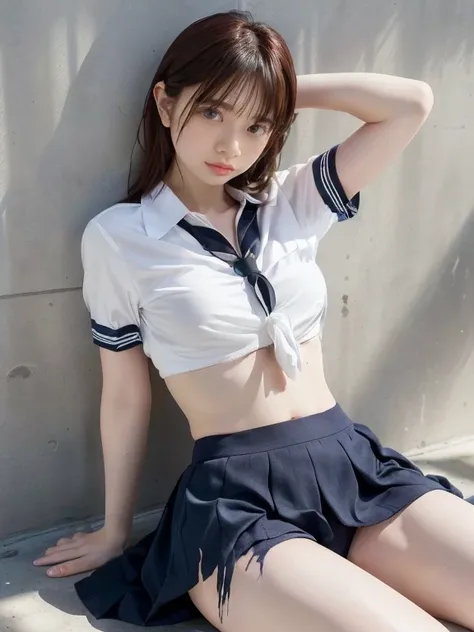 (((The shirt is open to reveal the bra and small bust))), sexy pose to hide over there sitting on the floor, whole body focus, (Sexual violence), ((Tattered high school uniform)), (( horribly Torn high school uniform )), (((Scary look))), (((tears))), (((C...