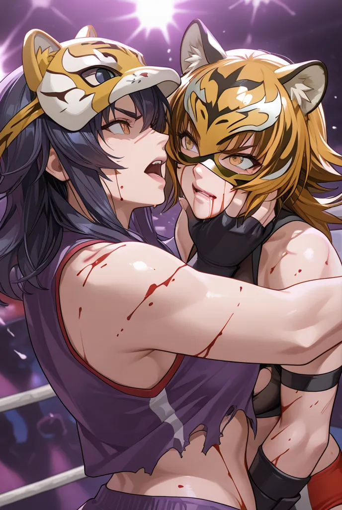 female wrestlers, lesbian battle, wrestling battle, tiger mask and scary villain wrestler, tiger mask is defeated, scary villain wrestler takes off tiger mask's mask, tiger mask is torn apart by hand, domination,It bites into Tiger Mask's face, Tiger Mask'...