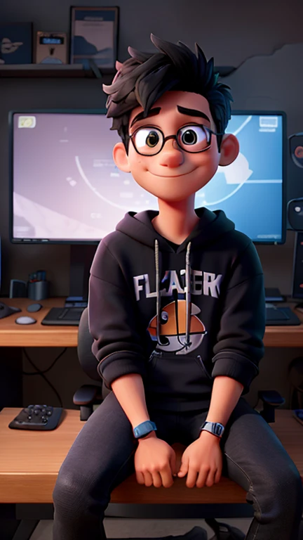 Create me a mascot logo where the mascot is a gamer boy sitting in a black-haired gamer chair with a sweatshirt and underneath it has the letters "FalconYT"