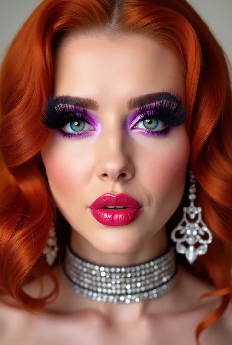 incredibly long and voluminous false eyelashes, bright purple makeup, bright red hair , diamond earrings , collar, purple lips, her lips are pursed., hair is loose and long , high face, She laughs