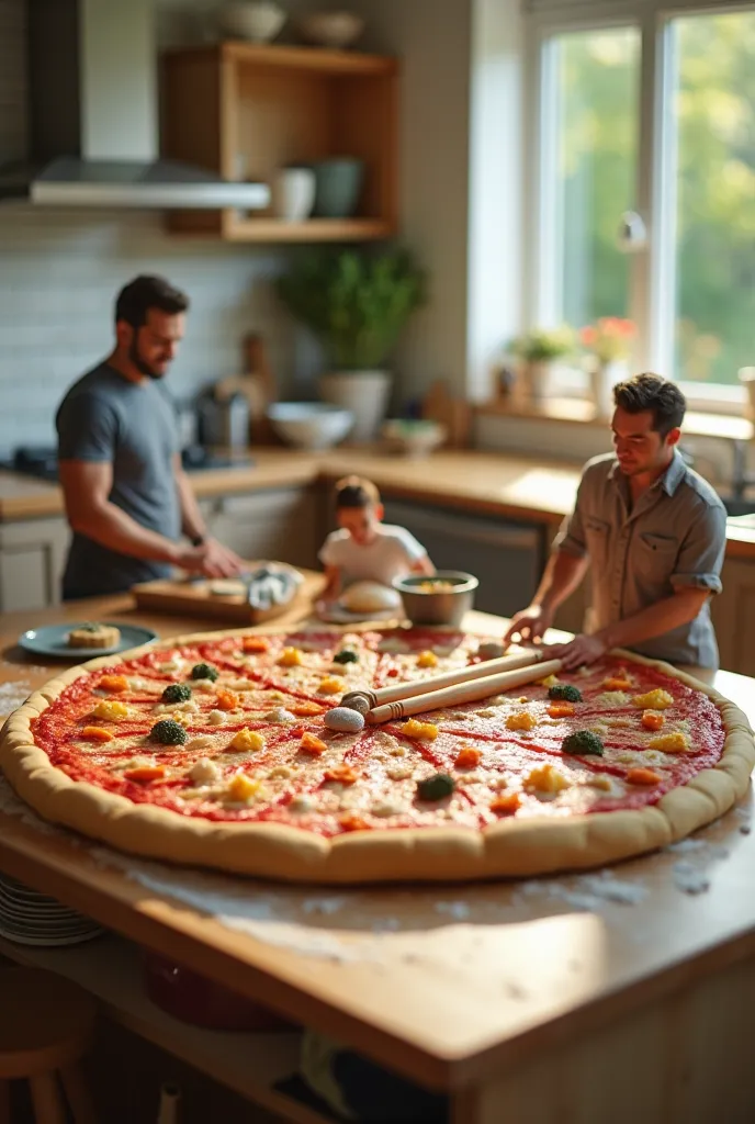 In a realistic kitchen setting, miniature adults (looking like real, fully-grown humans but in a tiny form) are working together to make a giant pizza. They are using oversized kitchen tools like large spoons, mixing bowls, and rolling pins. The video capt...