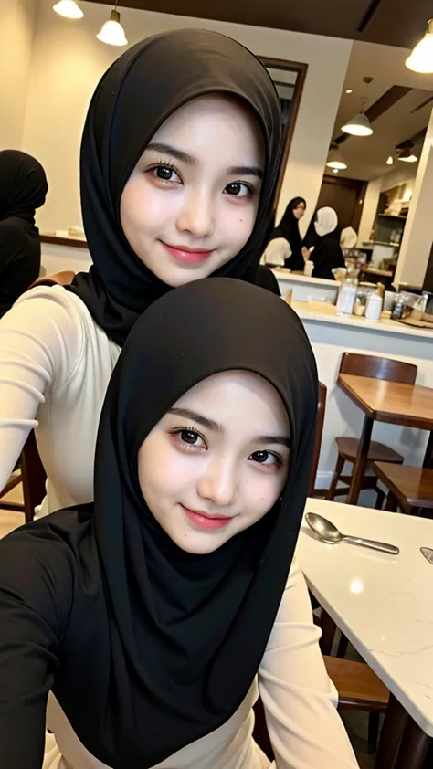 ((best quality)), ((masterpiece)), 2 girl, perfect face, indonesia, hijab, sharp nose, smile, half body, sits in cafe, selfie