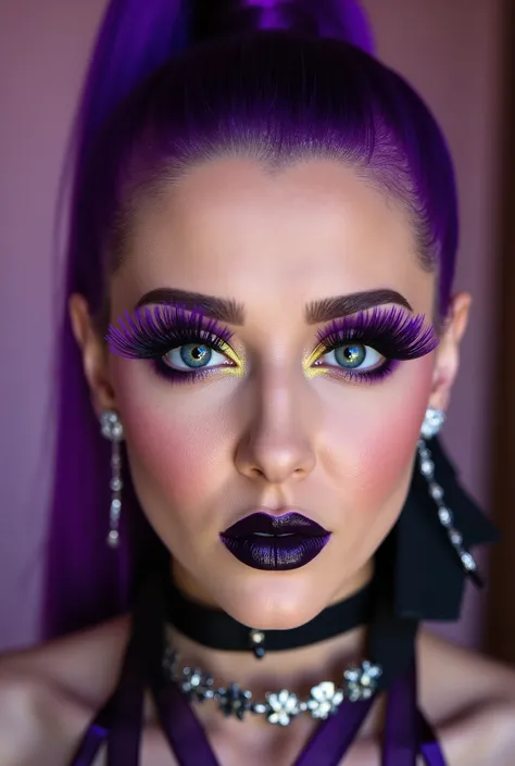 incredibly long and voluminous false eyelashes, bright purple makeup, bright purple hair , diamond earrings , collar, black lips, her lips are pursed., ponytail hair , high face, She laughs