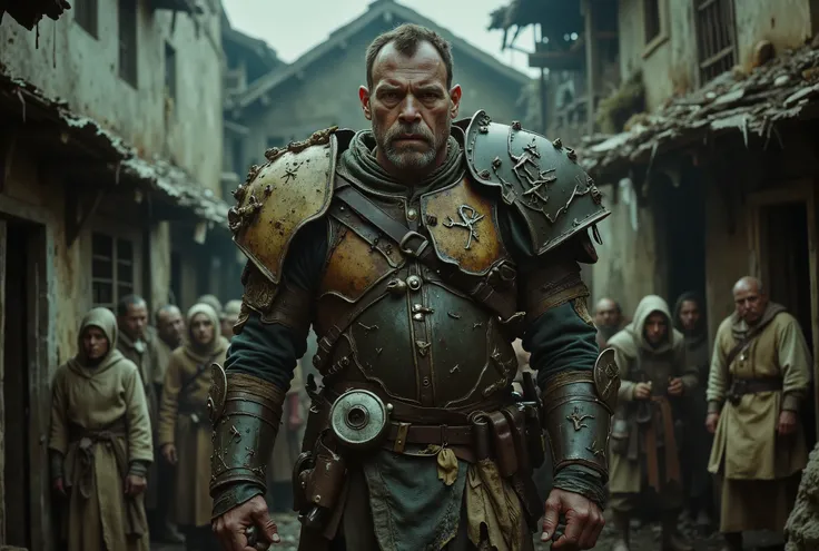 arafed man in cheap leather armor standing in front of a group of poor villagers, still from a fantasy movie, bandit thug photo, frank dillane as a bandit, as a medieval fantasy character, fantasy movie still, film still dnd, still image from tv series, fi...
