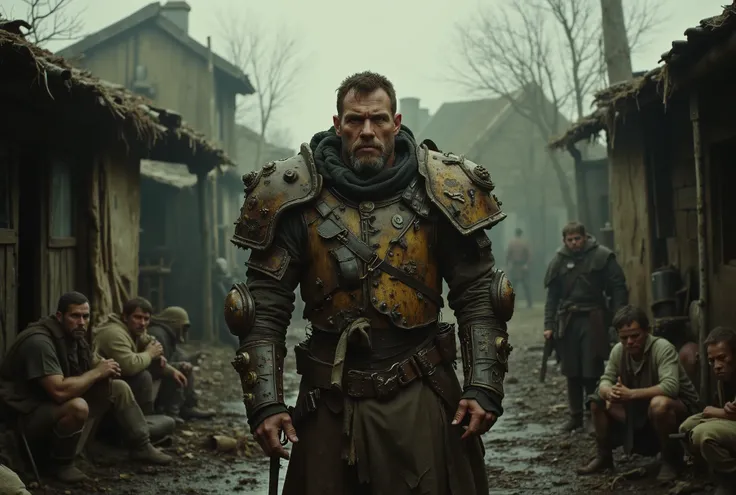 arafed man in cheap leather armor standing in front of a group of poor villagers, still from a fantasy movie, bandit thug photo, frank dillane as a bandit, as a medieval fantasy character, fantasy movie still, film still dnd, still image from tv series, fi...