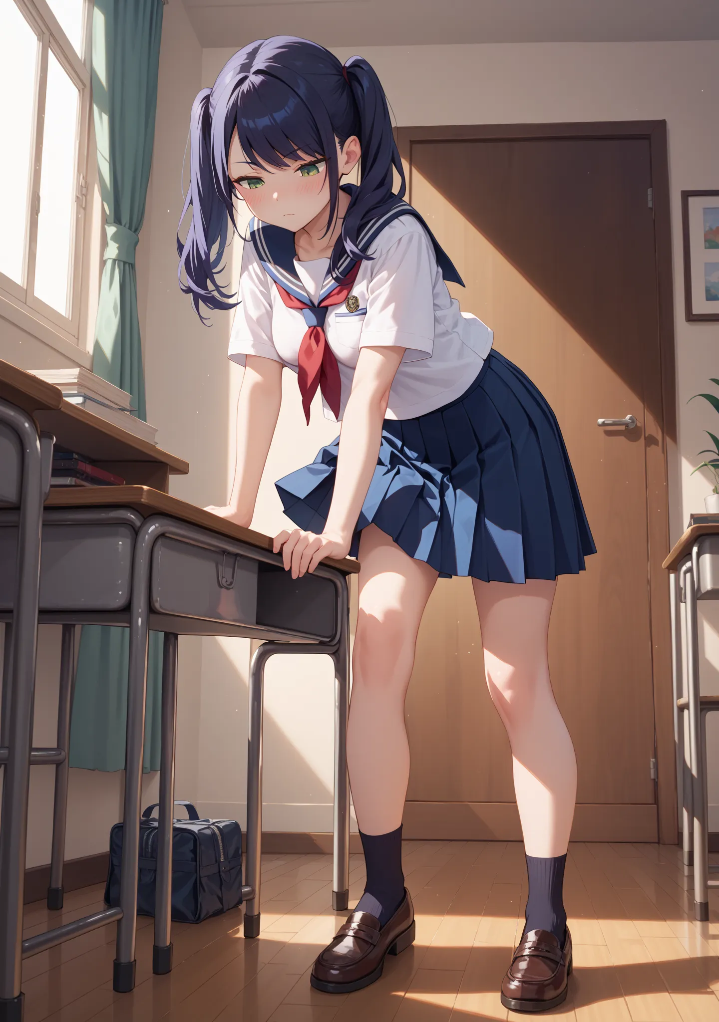 girl, petite, medium breasts, pale skin, twintails, swept bangs, green eyes, slanted eyes , makeup, navy hair, serious , (((blush))), look down , wide shot, full body , all body view , half-closed eyes, closed mouth, school uniform, serafuku, pleated skirt...