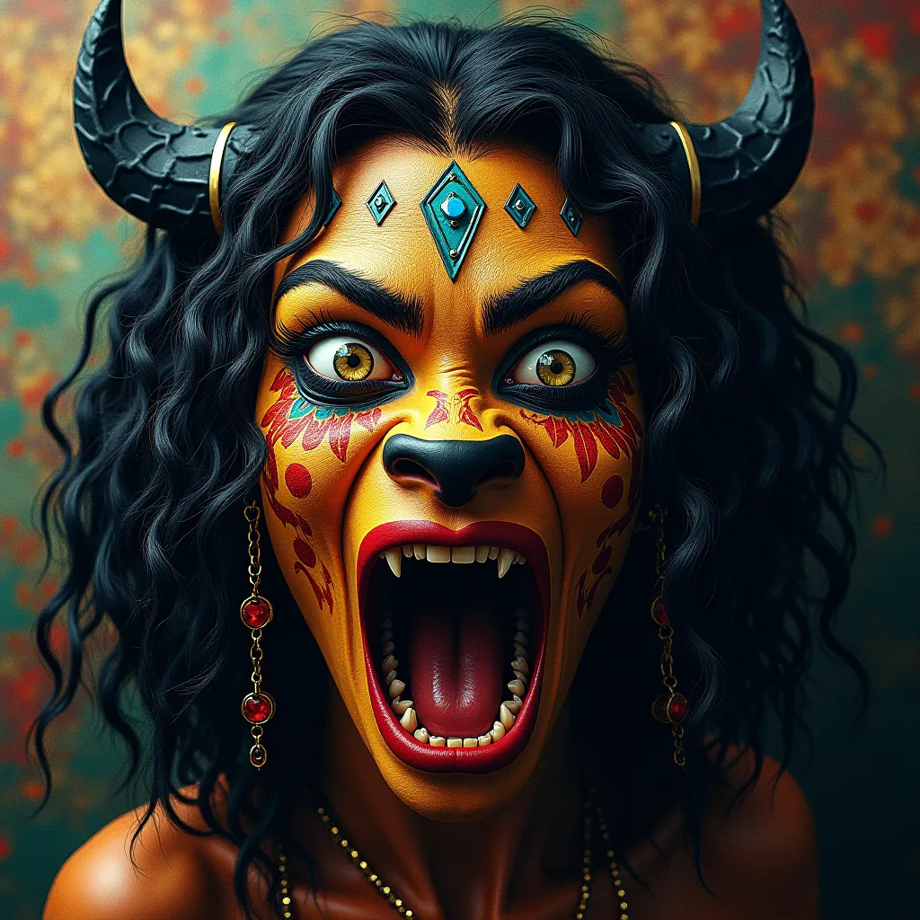   Vucub Caquix  ))) best quality, Ultra-High Resolution, 4K detailed CG, masterpiece,  Vucub Caquix , Mayan outfit , Extra-terrestrial mythology (( pretty image , centered on the canvas A caveman's face in cubist art nft 3d color Aztec woodcut mixed woman ...