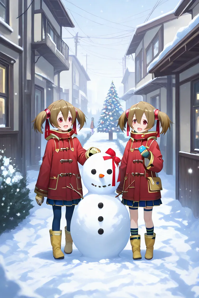 Yoshino and Silica , friends, Happily building a snowman,  winter