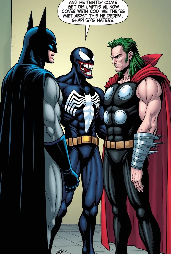 Batman and Joker stand together, observing the results of Venom and Thor's hard work. Venom now has a more defined shape, and Thor nods approvingly. Joker, muscular and smirking, makes a sarcastic remark.