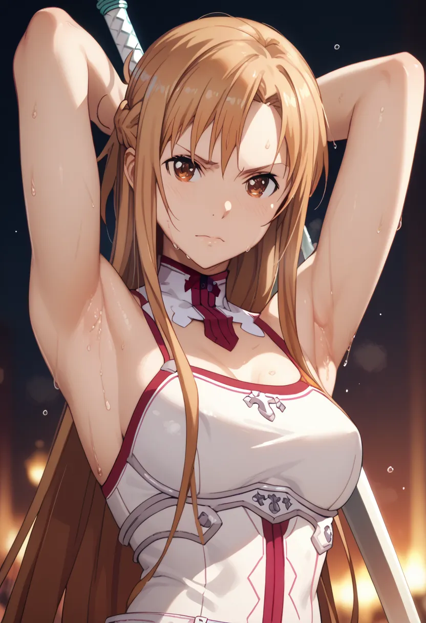 Grassland ,1Girl ,Yuuki Asuna, Armpit, Holding a sword, Fierce face, Sweat