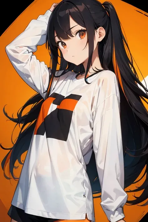 Young , long hair, loose and multicolored, black hair and orange hair, wearing a white and orange long sleeve t-shirt and black shorts.  best quality, HD,  masterpiece, detailed 1.2, 