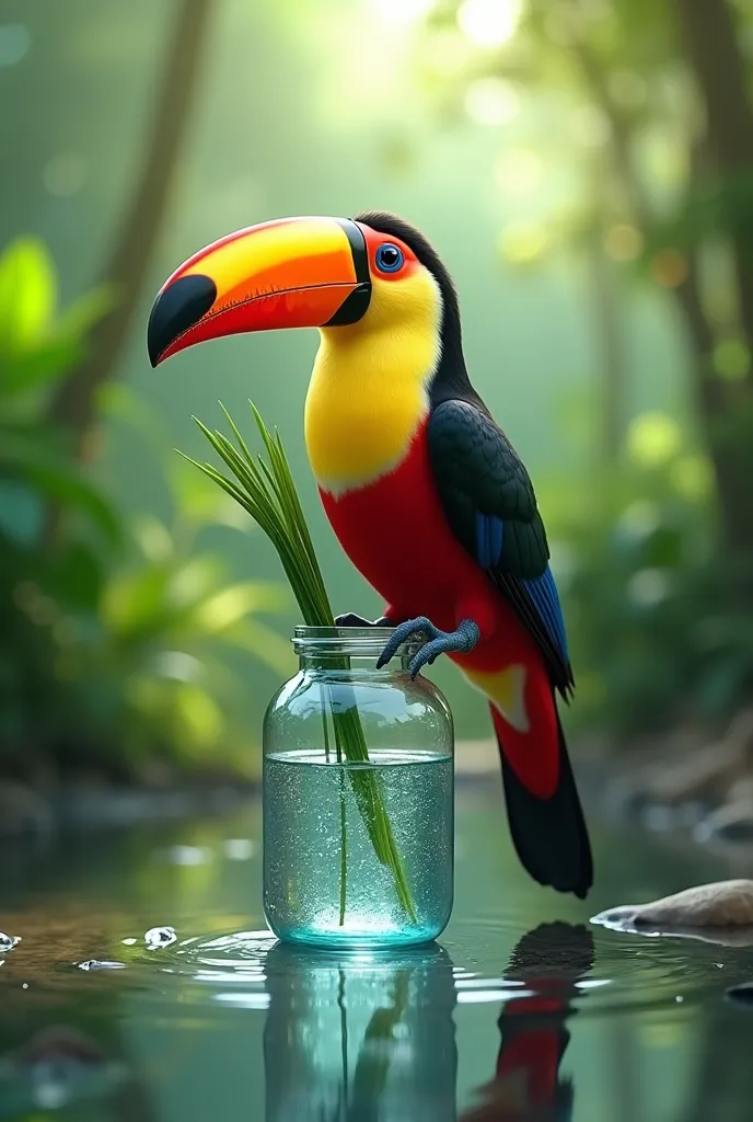 A toucan drinking water in a reed in a bottle