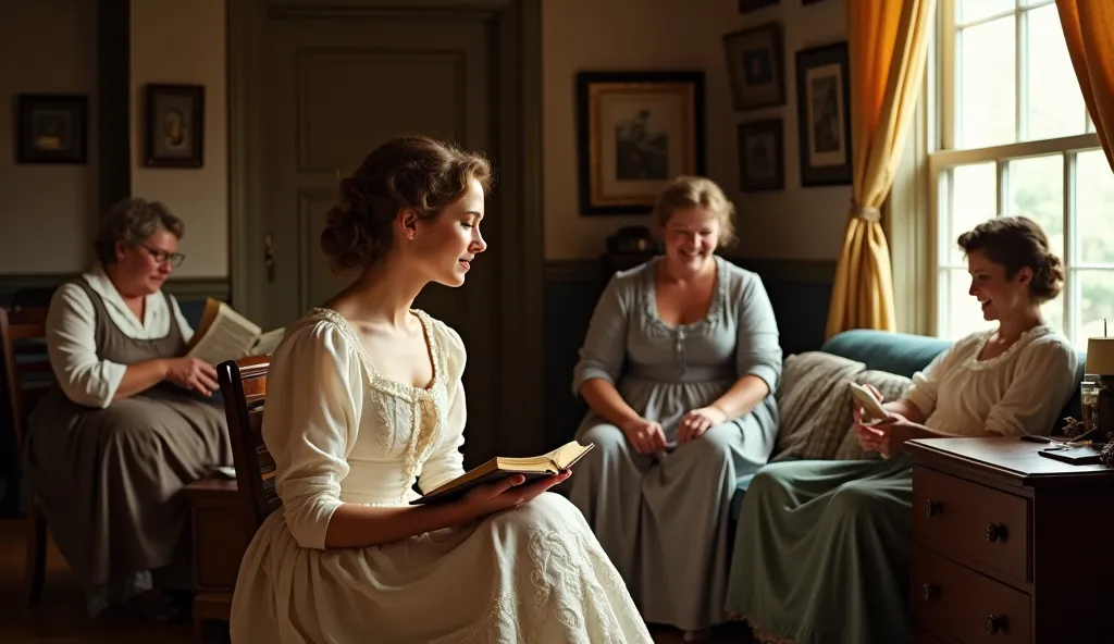 A lively and chaotic scene in the Bennet family’s modest home. Elizabeth Bennet (Keira Knightley) sits by the window, reading a book, her expression thoughtful and slightly amused. Around her, her family members engage in various activities: Mrs. Bennet fr...