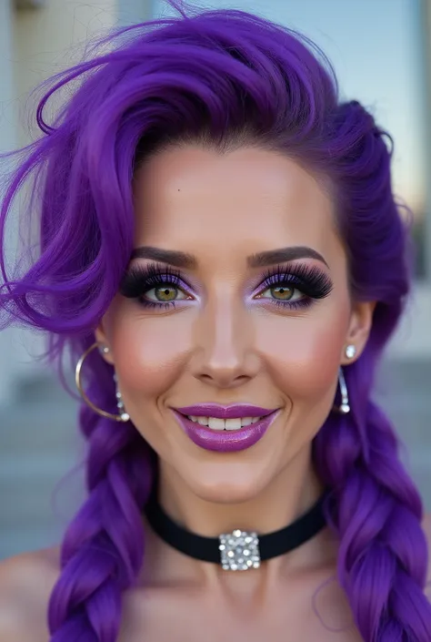 incredibly long and voluminous false eyelashes, bright purple makeup, bright purple hair , diamond earrings , collar, purple lips, her lips are pursed., long braid , high face, She laughs