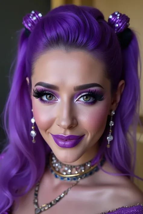 incredibly long and voluminous false eyelashes, bright purple makeup, bright purple hair , diamond earrings , collar, purple lips, her lips are pursed., hair pinned with a comb , high face, She laughs