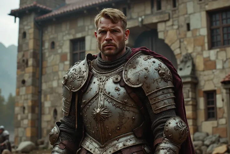 arafed man in armor standing in front of a building, rugged male medieval knight, knight in armor, medieval knight, knight wearing plate armor, wearing heavy armor with cape, attractive male with armor, Mohammed with medieval armour, medieval style, knight...