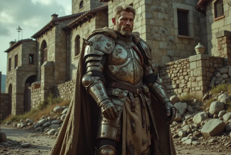 arafed man in armor standing in front of a building, rugged male medieval knight, knight in armor, medieval knight, knight wearing plate armor, wearing heavy armor with cape, attractive male with armor, Mohammed with medieval armour, medieval style, knight...