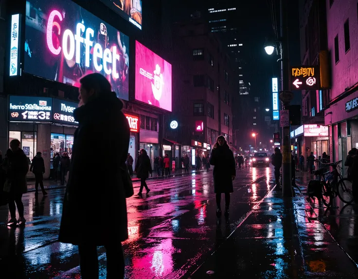 Cinematic photography, eye-level view of a rainy urban street at night, wet pavement reflecting the vibrant pink neon glow of a digital billboard. In the foreground, the silhouette of a woman wearing winter clothing stands out, her coat and scarf slightly ...