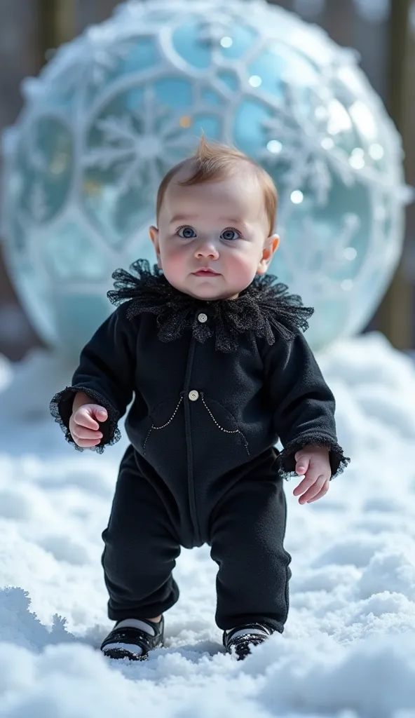 a real baby wearing black fancy romper with open eyes and standing near Crystal￼ wedding snow ball full view 


