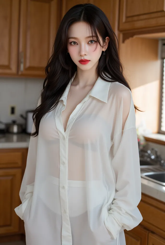 a woman,  just woke up , standing in the kitchen,  front facing, white satin material oversize shirt, Big Boobs,  red lips, hair wolf cut,