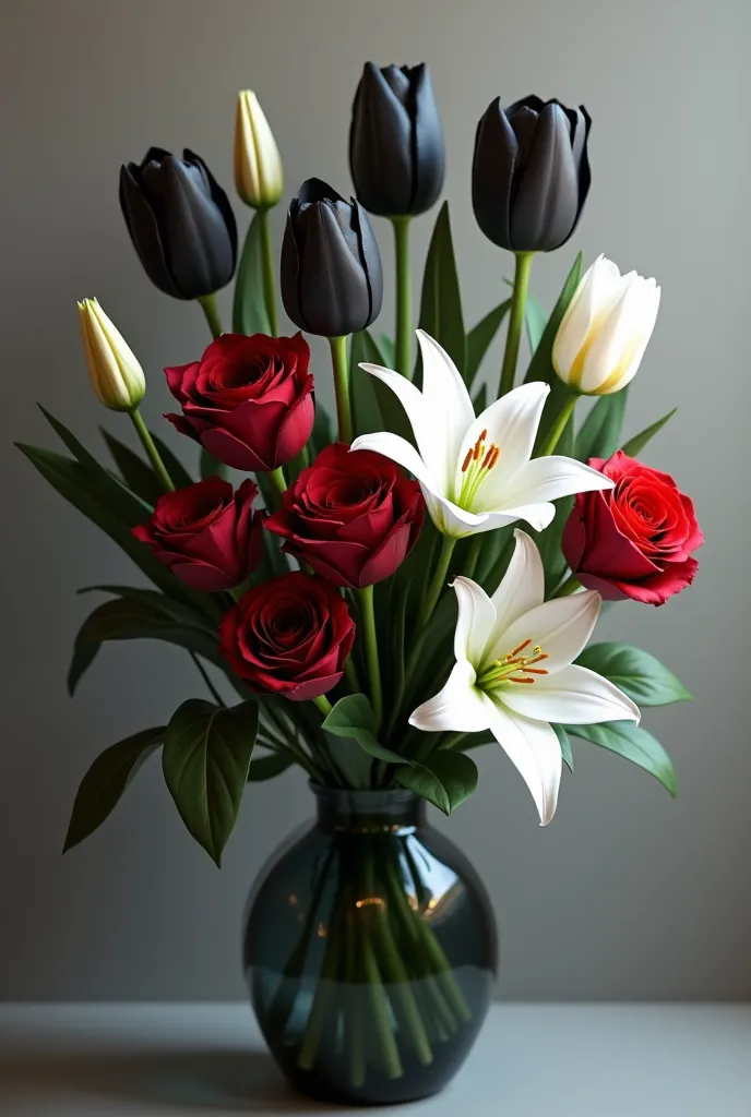 Please generate me a picture, where there is a bouquet of flowers. The flowers in it: Black tulip, white lily, red rose