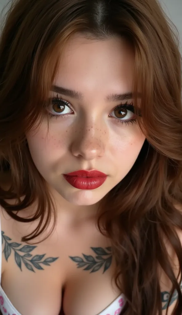 close up face portrait, red lip gloss, shiny lip gloss, extreme e-girl makeup, streamer makeup, slutty makeup, lip oil, thick red eyeliner flicks, fake lashes, mascara, 