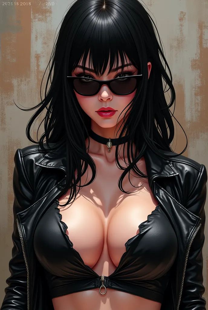  BEAUTIFUL BLACK-HAIRED WOMAN , with dark lenses, leather jacket, naked tits, nipple piercing, Get out, Manga style