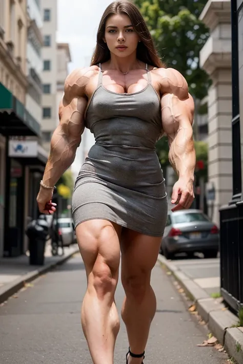 Jessica Biel,  muscular girl   (Dressed short dress:1.9), In sandals, hyper muscular, Bodybuilder pumped with huge muscles, (very young age girl:1.99), (hyper muscular girl:1.75),  walk down the street
