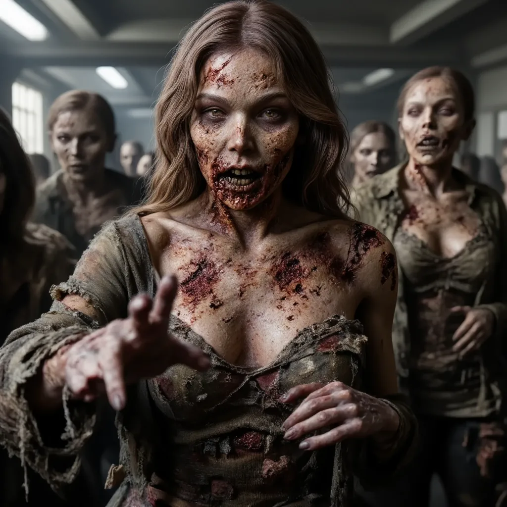 Zombie girl surrounded by other zombies, rotting flesh, open wounds, undead, open mouth with rotting teeth and blood, severed nose, blood and gore, bloody wounds, torn flesh, one arm reaching out to the viewer, 