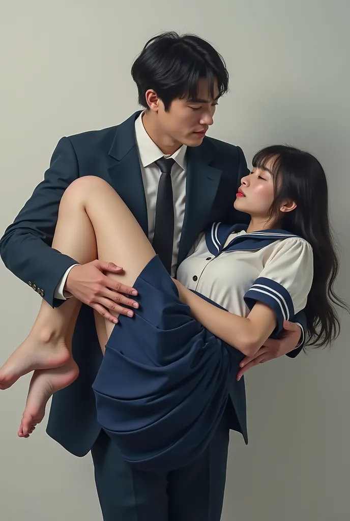 masutepiece, Best Quality, Photorealistic, Ultra-detailed, finely detail, High resolution, 8K Wallpaper, a man in a suit carrying an unconscious Japanese beautiful woman in his arms,his right arm supporting her back,his left arm supporting knees. Her body ...