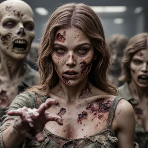 Zombie girl surrounded by other zombies, rotting flesh, open wounds, undead, open mouth with rotting teeth and blood, severed nose, blood and gore, bloody wounds, torn flesh, one arm reaching out to the viewer,