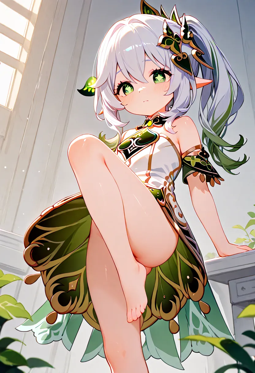 loli.cute.nahida(genshin).naked.china strapless dress.legs.feet.standing.knee up.ass