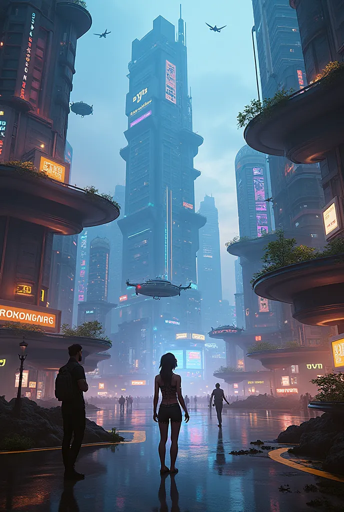 H
"A futuristic floating city illuminated by neon lights, with towering skyscrapers that hover above the remnants of an old Earth. The skyline is filled with holographic advertisements and digital murals, while sleek levitating transport pods glide through...