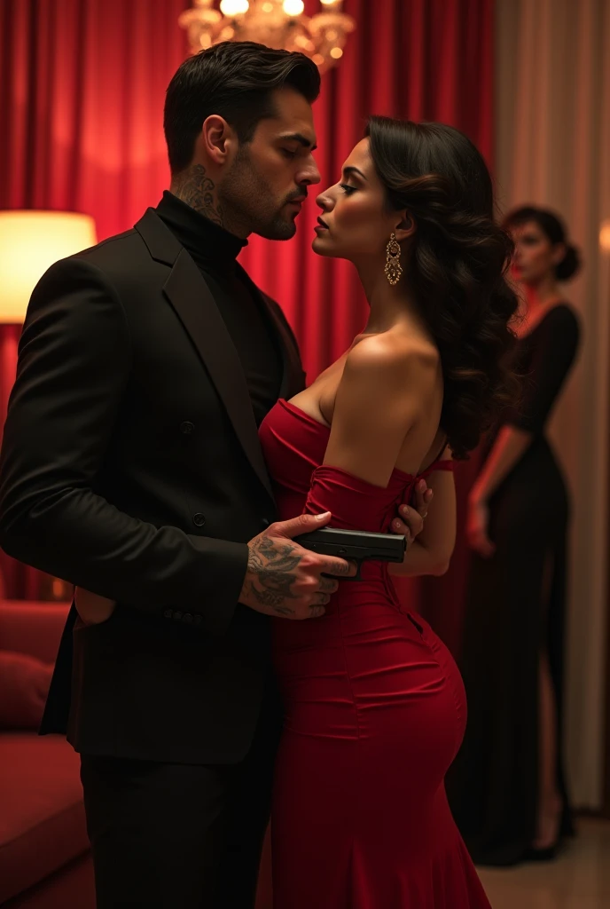 Generate a romantic poster of a couple looking at each other lovingly and there is a woman looking at them in the background .The man is a mafia boss with a toned muscular tattooed body in a black three-piece Armani suit and a black turtle neck and he's ho...