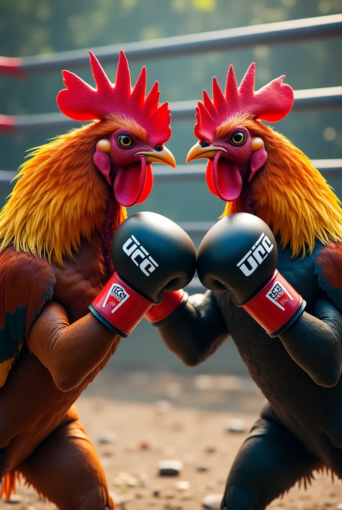 Two roosters fighting, UFC, with kickboxing gloves, Let them be seen in full body