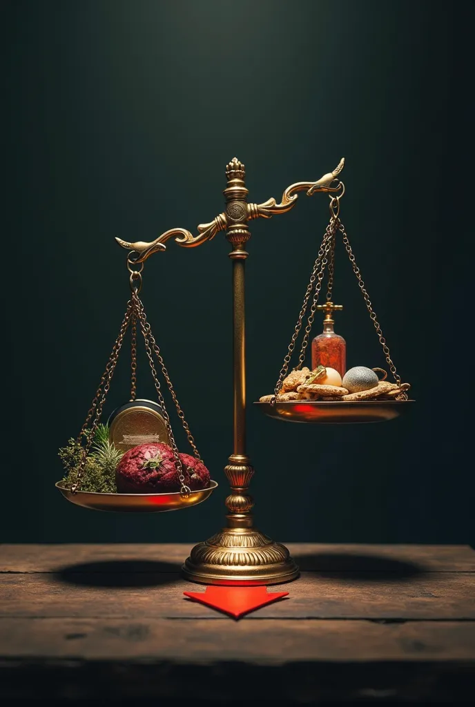 Scale Weighing Desires vs. Reasoning**  
**Visual Description:**  
A balance scale tilts heavily towards "Desires," filled with money, a phone, and food. The "Reasoning" side, with books and a prayer mat, is lighter. A red arrow points downward on the desi...