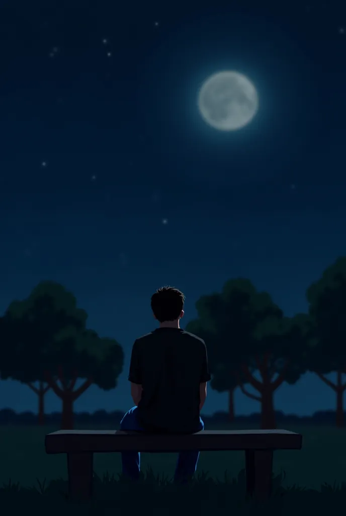 "A quiet night scene, where an 18-year-old boy, in a black shirt and blue pants, sits alone on a park bench, moonlight falling on his face. There is sadness in his eyes, and in his mind there is a vague memory of a 16-year-old girl, who is seen smiling in ...